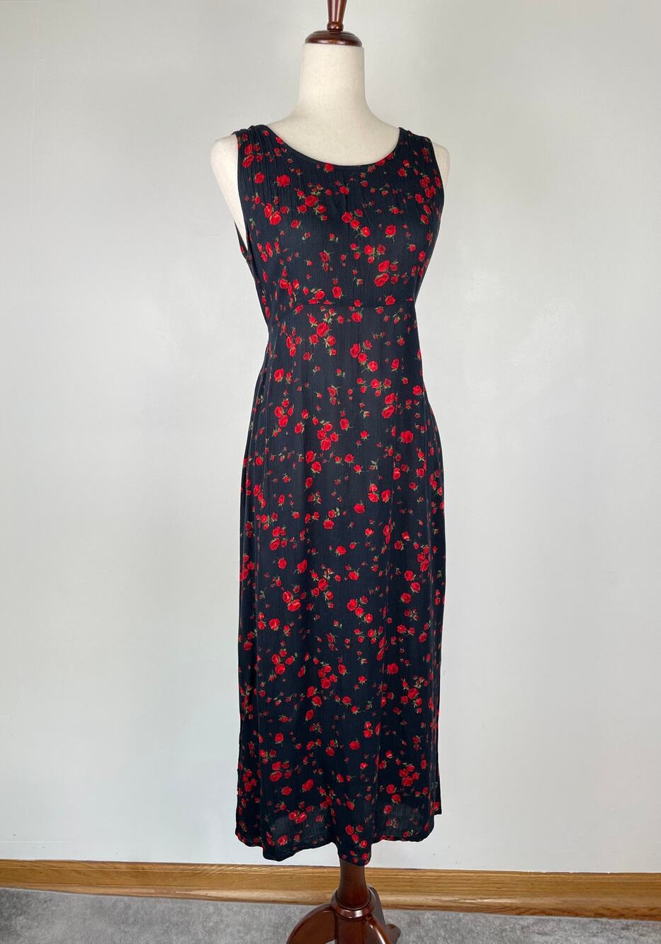 Vintage Y2K Dark Floral Fairy Grunge Midi Dress 6 Black Red Sleeveless Tie Waist